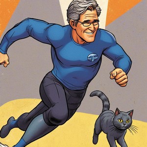 Bush
with a John Kerry face running with a cat