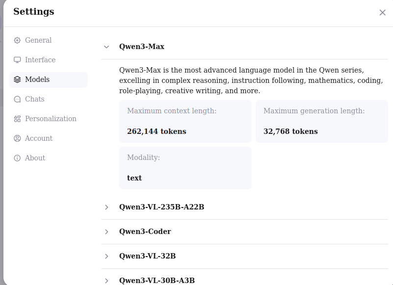 qwen max settings AI